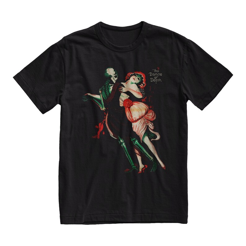 May include: Black t-shirt with a graphic print of a skeleton dancing with a woman. The text "The Dance of Death" is printed above the graphic.