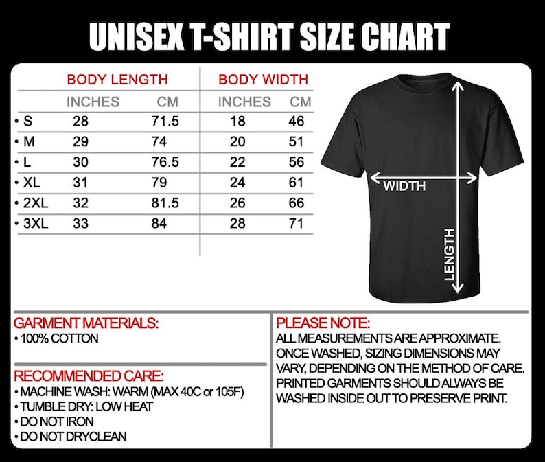 Peut inclure: Tableau des tailles de t-shirt unisexe avec des mesures en pouces et en centim&egrave;tres. Le tableau indique la longueur et la largeur du corps pour les tailles S, M, L, XL, 2XL et 3XL. Le tableau comprend &eacute;galement un t-shirt noir avec un sch&eacute;ma montrant les mesures de longueur et de largeur.