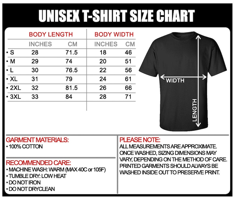 Pu&ograve; includere: Tabella delle taglie per t-shirt unisex con misure in pollici e centimetri. La tabella mostra la lunghezza e la larghezza del corpo per le taglie S, M, L, XL, 2XL e 3XL. La tabella include anche le istruzioni di cura per la t-shirt, che &egrave; realizzata in 100% cotone.