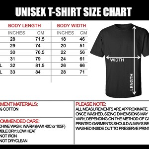 May include: Unisex t-shirt size chart with measurements in inches and centimeters. The chart shows the body length and width for sizes S, M, L, XL, 2XL, and 3XL. The chart also includes a black t-shirt with a diagram showing the length and width measurements.