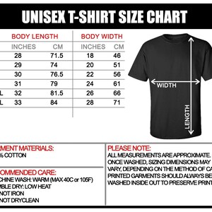 May include: Unisex t-shirt size chart with measurements in inches and centimeters. The chart shows the body length and width for sizes S, M, L, XL, 2XL, and 3XL. The chart also includes care instructions for the t-shirt, which is made of 100% cotton.