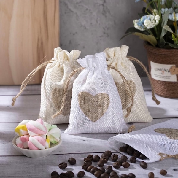 Heart burlap bags (6 pcs, 8 pcs, 10 pcs etc)Small wedding favors gift bag/reusable for birthday party/Jewellery/gift bag/rustic hessian bags