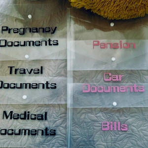 May include: Clear plastic document organizers with labels in black and pink. The labels read "Pregnancy Documents", "Travel Documents", "Medical Documents", "Pension", "Car Documents", and "Bills". Each organizer has a snap closure.