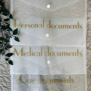 Organizador de documentos personalizable carteras de plástico transparente/documento de archivo A4/organizador de papeleo con botón/carteras de plástico/inscripción dorada