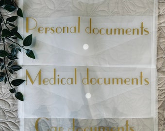 Personalized A4 Document Organizer: Clear Plastic Wallets with Gold Inscription