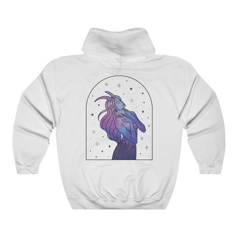 Art in Front & Back Astrology Gift for Her Capricorn Zodiac Hoodie in White Horoscope and Spiritual Sweater Using Woman in Stars Art