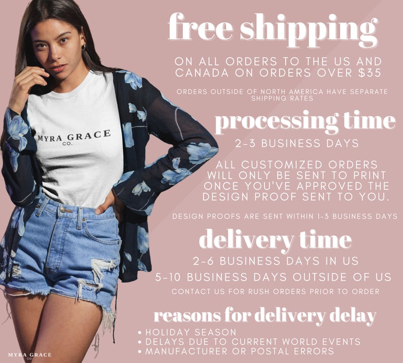 May include: A woman wearing a white t-shirt with the text "MYRA GRACE CO." and denim shorts. She is also wearing a sheer black kimono with blue floral patterns. The background is a light pink color with text about shipping and processing times.