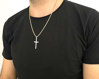 Mens Gold Cross Necklace: 14K Plated Sterling Silver Rope Chain