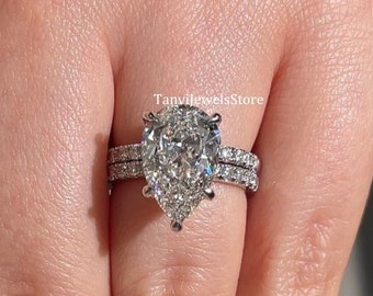 3 CT Unique Pear Cut Moissanite Engagement Bridal Set Gift For Her Hidden Halo Ring 14K White Gold Ring Gift for her Wedding Ring