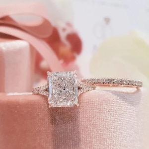 Unique Engagement Ring Set 3 Ct Radiant Moissanite Engagement Ring with Matching Thin Rose Gold Eternity Band Gift for her Bridal Set Ring