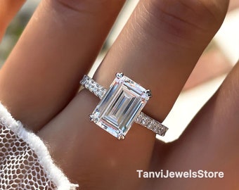 3 CT Emerald Cut Moissanite Engagement Diamond Ring | Hidden Halo Wedding Ring | Ring for Women