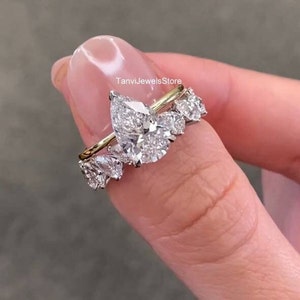 3 Carat Pear Cut Moissanite Bridal Ring Set  Halo Ring With Wedding Enhancer Band Set  14K Rose Gold Pear Cut Ring Set Gift For Her