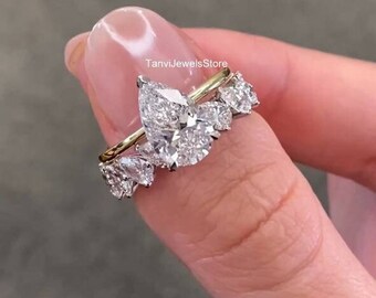 3 Carat Pear Cut Moissanite Bridal Ring Set  Halo Ring With Wedding Enhancer Band Set  14K Rose Gold Pear Cut Ring Set Gift For Her