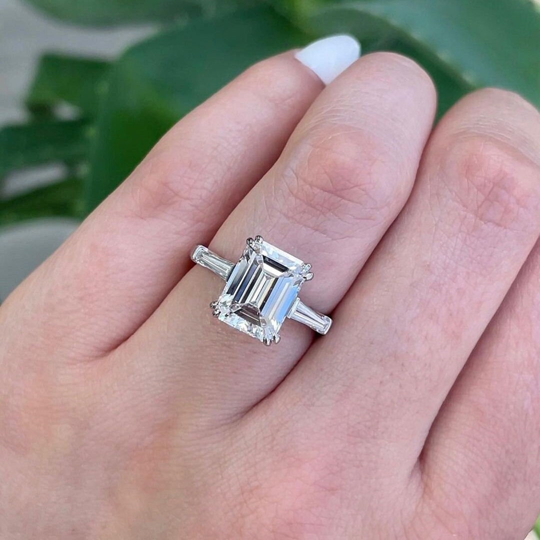 3 CT Emerald Cut Moissanite Engagement Three Stone Diamond Ring With Tepper Diamond Promise Ring