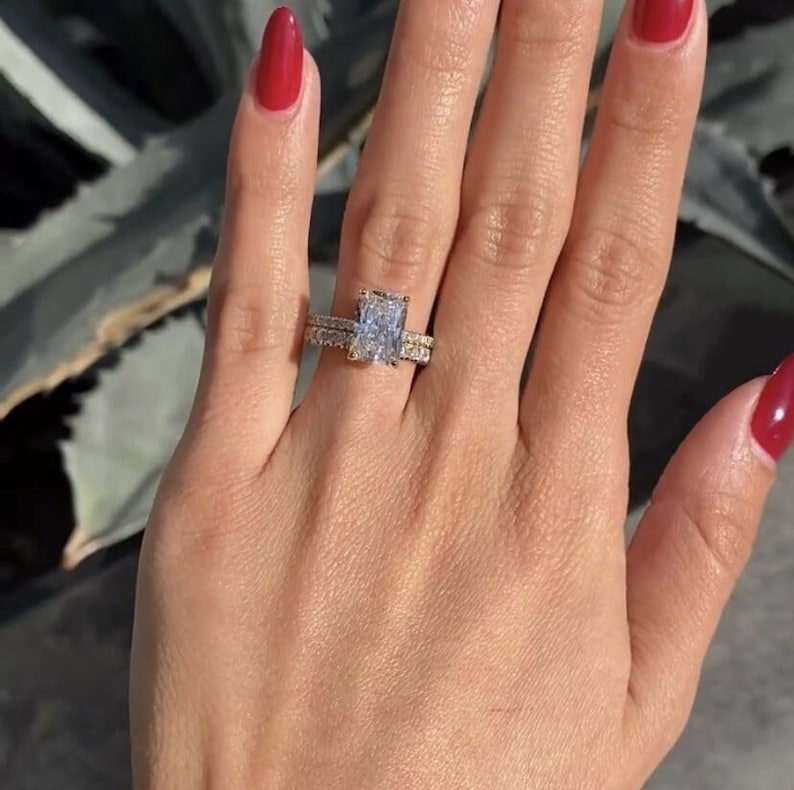 3 CT Radiant Cut Moissanite Engagement Diamond Ring Bridal Set Gift For Her Wedding Band Promise Ring image 3