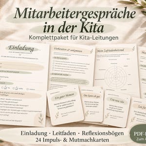 May include: A collection of printed documents and cards for childcare staff evaluations, featuring the German text "Mitarbeitergespräche in der Kita" and "Komplettpaket für Kita-Leitungen." The set includes an invitation, a guide, reflection sheets, and 24 prompt cards on cream-coloured paper with olive green accents.