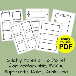 Puede incluir: Un conjunto de plantillas de notas adhesivas y listas de tareas imprimibles para dispositivos de toma de notas digitales como Remarkable, Boox, Supernote, Kobo y Kindle. Las plantillas son en blanco y negro y presentan una variedad de formas y tamaños.