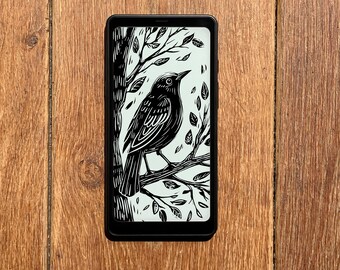 Screensaver for Boox Palma Wallpaper, Bird on Tree Branch Lockscreen, Nature Lino Cut Print Lock Screen, Design Instant Download E-ink Cover