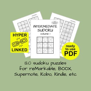 May include: A yellow and black graphic with the text "HYPER LINKED" and a chain link symbol. The graphic is in front of a white sheet of paper with the text "INTERMEDIATE SUDOKU volume I" and a sample sudoku puzzle. The text "ready to use PDF" is in a yellow circle.