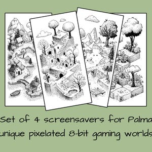 Op de afbeelding: Set van vier zwart-wit screensavers met unieke pixelachtige 8-bit gaming werelden. Elke screensaver toont een ander landschap met bomen, gebouwen en bergen. De tekst onderaan luidt "Set of 4 screensavers for Palma unique pixelated 8-bit gaming worlds."