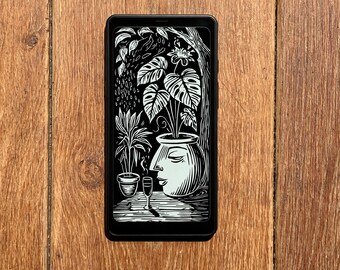Screensaver for Boox Palma Wallpaper, Potted Plant Enjoying Wine Lockscreen, Funny Linocut Lock Screen, Design Instant Download E-ink Cover