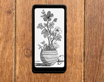Screensaver for Boox Palma Wallpaper, Potted Flowers Drawing Lock Screen, Floral Sketch Lockscreen, Design Instant Download E-ink Cover