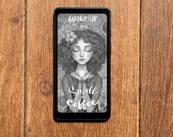 Screensaver for Boox Palma Wallpaper, Wake Up and Smell the Coffee Lockscreen, Boho Girl in Garden Lock Screen, Instant Download E-ink Cover