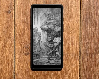 Screensaver for Boox Palma Wallpaper, Lizard in Pond with Water Lilies Lockscreen, Swamp Dragon Lock Screen, Instant Download E-ink Cover