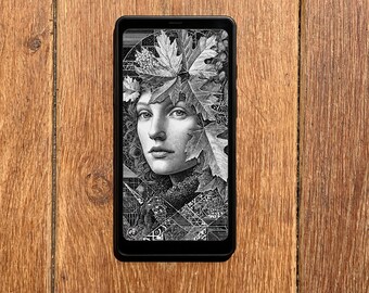 Screensaver for Boox Palma Wallpaper, Art Nouveau Lockscreen, Autumn Lady Lock Screen, Art Deco Leaves Design Instant Download E-ink Cover