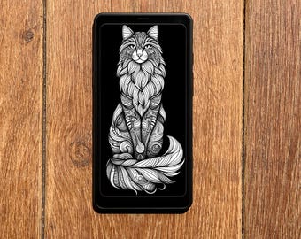 Screensaver for Boox Palma Wallpaper, Longhaired Cat Lockscreen, Instant Download Digital E-ink Cover Mandala Black Background Dark Mode