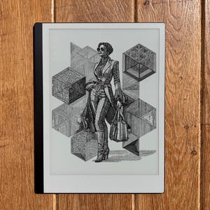May include: An e-reader displays a detailed black and white illustration of a person in a stylish outfit, holding a bag, with geometric shapes in the background. The device has a black border and is set against a wooden surface.