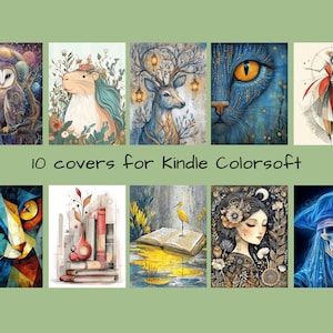 May include: Ten Kindle Colorsoft covers with watercolour illustrations. The images include an owl, a capybara, a deer with lanterns, a cat's eye, a dancer, a cat, books, a bird on a book, a woman, and a pirate skull.