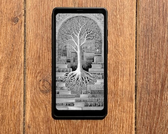Screensaver for Boox Palma Wallpaper, Tree of Knowledge Lockscreen, Library Roots Lock Screen, Stack of Books, Instant Download E-ink Cover