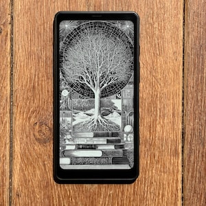 May include: A black smartphone displays a detailed black and white illustration of a tree with exposed roots atop a stack of books. The tree is centered within a circular design, with intricate details.