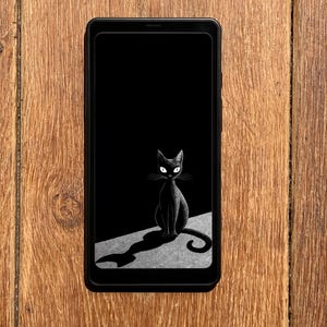 May include: A smartphone displays a black cat illustration on its screen. The cat is black with white eyes and whiskers, sitting on a gray surface with a long shadow. The phone is set against a wooden background.