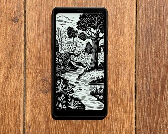 Screensaver for Boox Palma Wallpaper, Nature Lino Cut Print Lockscreen, Path Woods Spanish House Lock Screen, Instant Download E-ink Cover