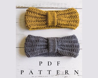 May include: Two crocheted headbands with a bow detail. One headband is mustard yellow and the other is gray. The text "PDF PATTERN" is printed below the headbands.