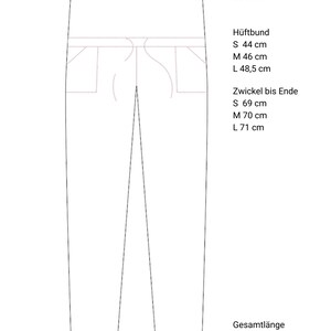 May include: A technical drawing of pants, showing measurements in centimeters. The drawing includes measurements for the waist, hip, crotch to end, and total length. Sizes are indicated as S, M, and L.