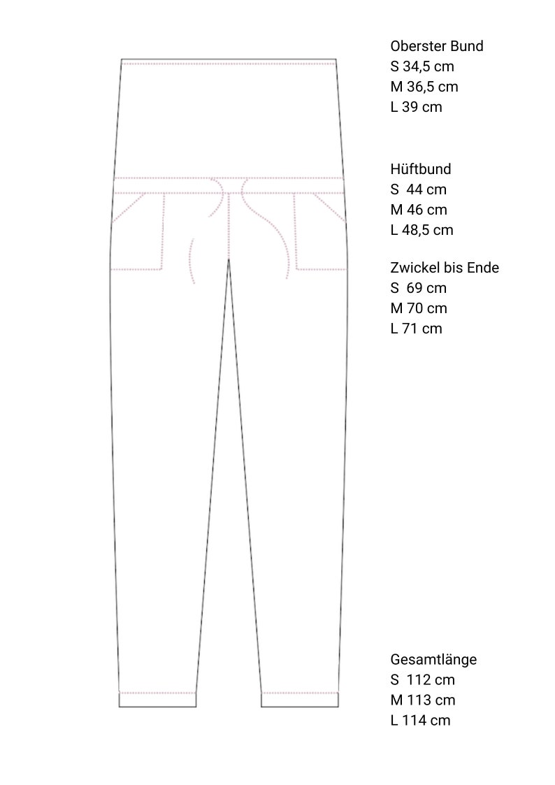 May include: A technical drawing of pants, showing measurements in centimeters. The drawing includes measurements for the waist, hip, crotch to end, and total length. Sizes are indicated as S, M, and L.