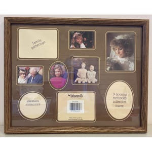 May include: A rectangular brown wood collage picture frame with nine openings for photos. The frame includes pre-printed text labels such as family gatherings, vacation memories, and 9 opening memories collection frame, along with a product barcode.