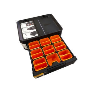 May include: A black tool storage unit with an open drawer containing nine removable orange plastic bins. The top of the unit features a printed instruction guide with three steps and diagrams for assembly or use, and the ToughBuilt logo.