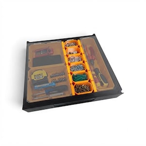 May include: A black plastic tool organizer tray with a clear lid, featuring multiple compartments. The interior contains a yellow DeWalt tape measure, various metal screws, green wall anchors, screwdriver bits, and two screwdrivers with handles.
