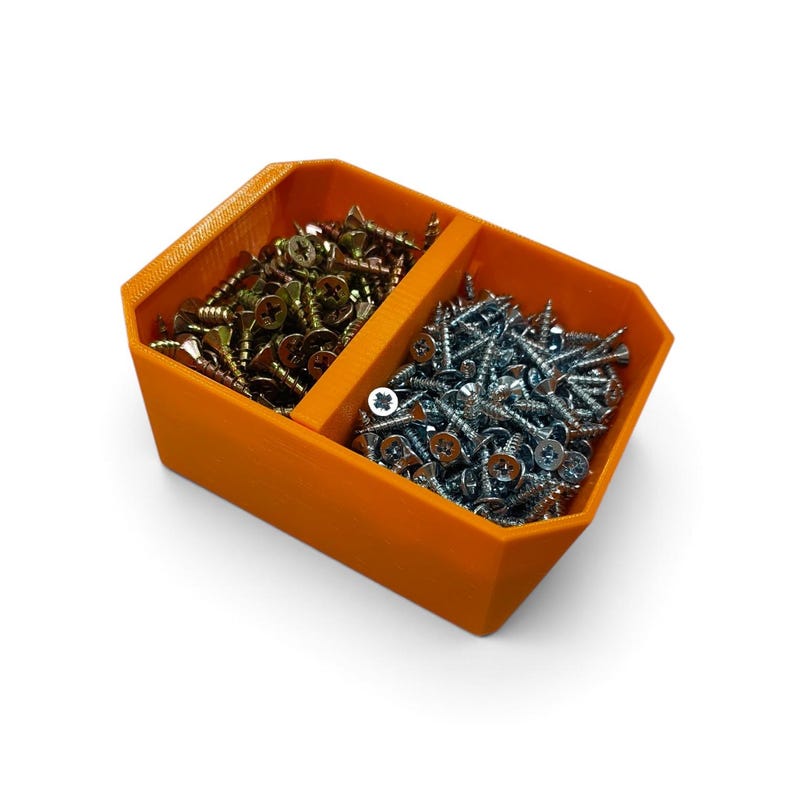Op de afbeelding: Een feloranje plastic opbergbak met twee aparte vakken. Het linkervak is gevuld met messingkleurige metalen schroeven, terwijl het rechtervak zilverkleurige metalen schroeven bevat met zichtbare kruiskop-aandrijvingen.