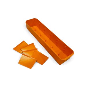 May include: A bright orange rectangular storage tray with internal vertical slots along the sides, accompanied by four separate orange rectangular dividers that can be inserted into the slots to create individual compartments within the tray.