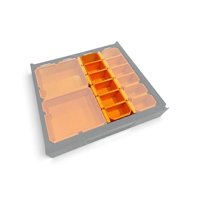 May include: A gray plastic drawer organizer insert featuring two large square compartments, a central column of five small rectangular bins, and a side column of four small rectangular bins, all in a vibrant orange color for storage.