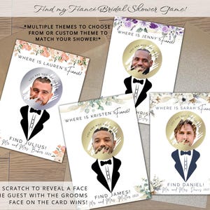 May include: Five cards with floral designs and gold accents. Each card has a scratch-off area to reveal a face. The text on the cards reads "Where is [name]'s Fiancé?" and "Find [name]!".