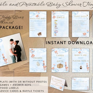 Pacchetto completo per baby shower a tema orsacchiotto blu/segni di giochi, inviti e altro ancora! *Download digitale*
