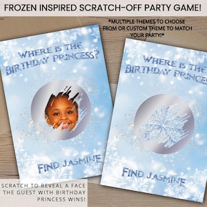 May include: Two Frozen-themed scratch-off party game cards. The cards are light blue with snowflake designs and the text "Where is the Birthday Princess?" and "Find Jasmine." One card shows a child's face, the other a snowflake.