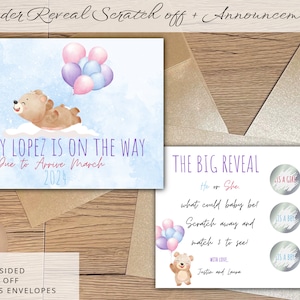 Personalized Pregnancy Announcement and Gender Reveal Scratch off Card Baby Shower Keepsake Blue Pink and Purple Teddy bears
