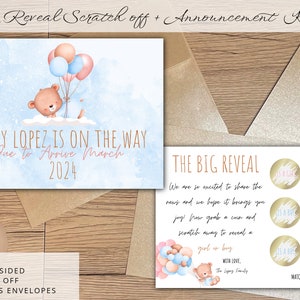 Personalized Pregnancy Announcement and Gender Reveal Scratch off Card Baby Shower Keepsake Blue and Pink Teddy bears